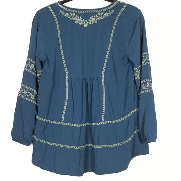 Teal green long sleeve top light sage green embroidery hippie boho XS petite - Picture 3 of 7